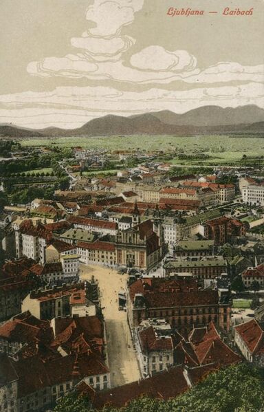 File:Špitalski most, Marijin trg in pogled proti Šmarni gori z gradu 1900.jpg