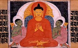 color manuscript illustration of Buddha teaching the Four Noble Truths, Nalanda, Bihar, India