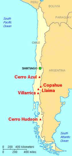 Five major volcanoes range from Cerro Azul in central Chile, south through Copahue, Llaima, and Villarrica, to Cerro Hudson.