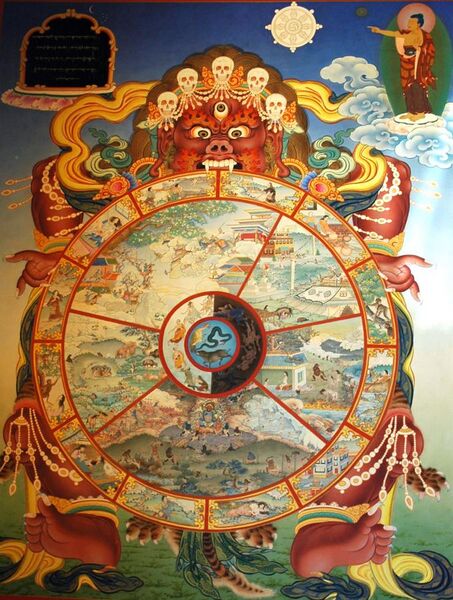 File:Traditional bhavachakra wall mural of Yama holding the wheel of life, Buddha pointing the way out.jpg
