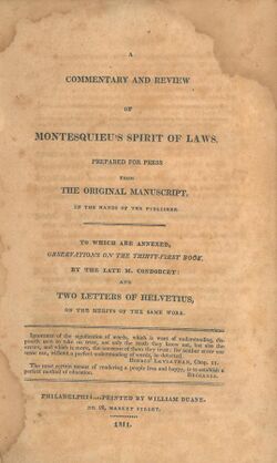 Antoine Louis Claude Destutt de Tracy (Thomas Jefferson, transl), A Commentary and Review of Montesquieu's Spirit of Laws (1811, title page).jpg