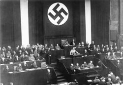 Distant photo of Hitler addressing the Reichstag