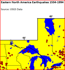 The red circles show earthquakes in Minnesota, Wisconsin, the Upper Peninsula of Michigan and Ontario.