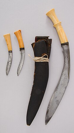 Knife (Kukri) with Sheath, Two Small Knives and Pouch MET 36.25.829a-e 004june2014.jpg