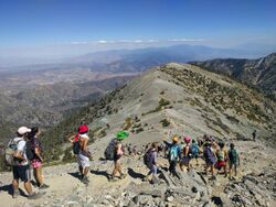 A line of students, many wearing costumes or swimwear, descends toward an alpine ridge
