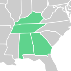 Symphyotrichum priceae native distribution map: US — Alabama, Georgia, Kentucky, and Tennessee.