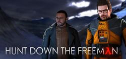 Two men, one in an orange protective suit, stand against a mountainous background. The text "HUNT DOWN THE FREEMλN" rests at the bottom of the picture.