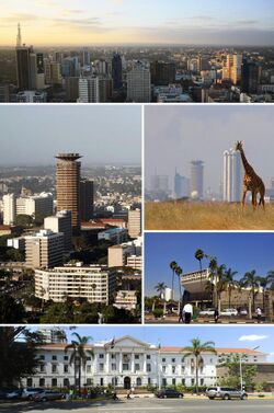 Clockwise from top: central business district; a giraffe walking in Nairobi National Park; Parliament of Kenya; Nairobi City Hall; and the Kenyatta International Convention Centre