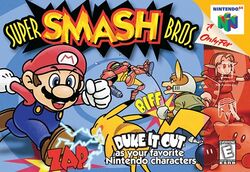 Image of various Nintendo characters fighting: Mario rushing at Pikachu, Fox punching Samus, Link holding his shield and Kirby waving at the player, with a Bob-omb next to him.