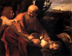 Painting of an elderly man holding a young boy's head down with one hand; a winged angel restrains the man's other hand, which grasps a knife. A ram looks on from the side; in the background is a Renaissance landscape with hills, trees, and a castle.