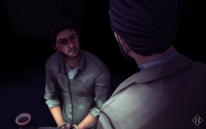 The player character is sitting, with his hands tied, and blood on his face and clothes. A dark-haired man looks down to him.