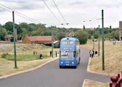 1955 Willowbrook -bodied Sunbeam F4A trolleybus at Black Country Museum front nearside running up incline.