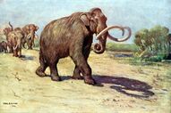 Painting of a family of mammoths walking