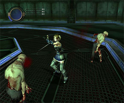 A screenshot of 3D gameplay, showing a woman fighting zombies with a sword