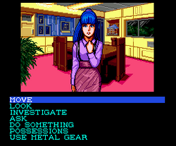 Game screenshot. The top half of the screen has an image of a young girl standing in a room looking at the player. She has blue hair and a pink outfit. The bottom half of the screen has options for the player including options like "Move, Look, Investigate, and Ask"