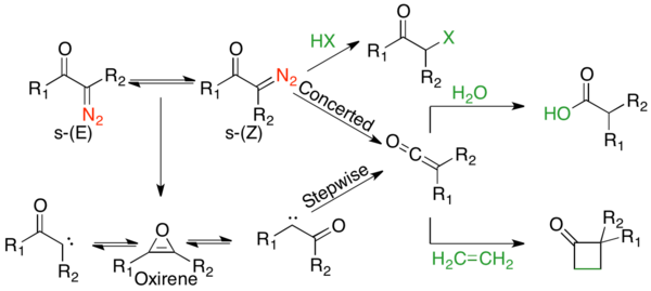 Mechanistic landscape of the Wolff-rearrangement, with the concerted mechanism on the top and stepwise mechanism with carbene and oxirene intermediates on the bottom.