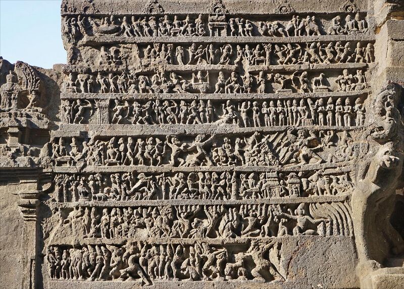 File:A relief summary of Ramayana at Hindu temple cave 16 Ellora India.jpg