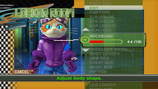 A screenshot of Blinx 2, on a screen captioned "Locker Room". The screen shows several options to edit the character to the left of the screen, an anthropomorphic cat known as a "Time Sweeper". The option currently selected is "Neckband", and it has a partially filled slider underneath.