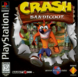 A PlayStation video game cover titled "Crash Bandicoot" that depicts an orange bipedal creature clad in jeans and sneakers running toward the viewer with a wild, manic grin.