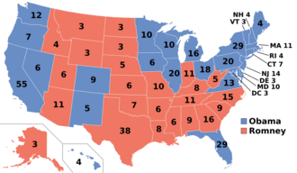 Electoral college map, depicting Obama winning many states in the Northeast, Midwest, and Pacific West, and Florida, and Romney winning many states in the South and Rocky Mountains.