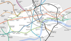 Diagram containing several differently-coloured lines connecting nodes that are small hollow black circles. The lines and stations are at geographically accurate positions, with the curved lines drawn more flexibly than on the traditional Tube map. The river is also included, represented as a geographically accurate light blue strip. This map is arguably harder to read.
