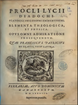 Proclus Elements of Theology and Elements of Physics Latin translation by Patricius 1583.png