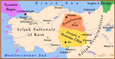 Map of Anatolia showing the Seljuk Sultanate of Rum in the west, the Danishmends realm and the Armenian principalities in the east