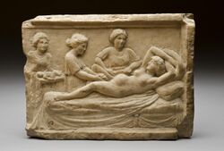 Marble plaque showing parturition scene, Ostia, Italy, 400 B Wellcome L0065025.jpg