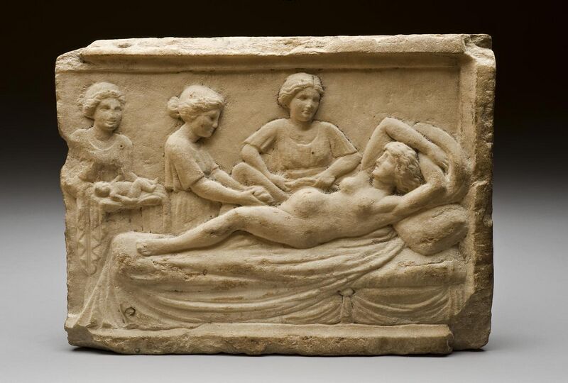 File:Marble plaque showing parturition scene, Ostia, Italy, 400 B Wellcome L0065025.jpg