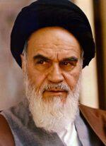 Ayatollah Khomeini, bearded and wearing religious headgear