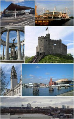 Clockwise from top left: The Senedd, Principality Stadium, Norman keep, Cardiff Bay, Cardiff City Centre, City Hall clock tower, Welsh National War Memorial
