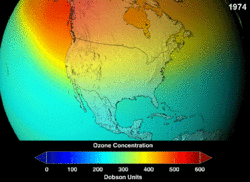 Animation showing colored representation of ozone distribution by year above North America in 6 steps. It starts with a lot of ozone but by 2060 is all gone.