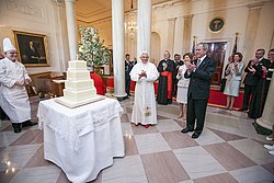President George W. Bush and Mrs. Laura Bush celebrate the 81st Birthday of Pope Benedict XVI.jpg