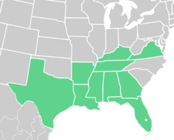 Symphyotrichum pratense native distribution map: US — Alabama, Arkansas, Florida, Georgia, Kentucky, Louisiana, Mississippi, Tennessee, Texas, and Virginia.