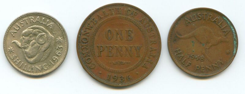 File:Australian pre decimal coins penny shilling.jpg