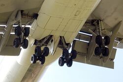 A view of the 747's four main landing gear, each with four wheels