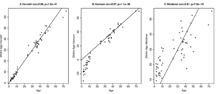 Comparison of the 3 age predictors described in A) Horvath (2013),[10] B) Hannum (2013),[9] and C) Weidener (2014),[63] respectively. The x-axis depicts the chronological age in years whereas the y-axis shows the predicted age. The solid black line corresponds to y=x. These results were generated in an independent blood methylation data set that was not used in the construction of these predictors (data generated in Nov 2014).
