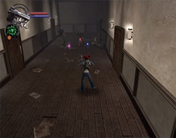 A screenshot showing a character in a hallway, shooting undead enemies.
