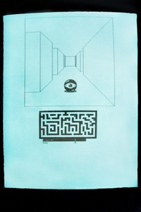 Large eyeball in a maze, with scores and map below