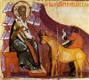 Icon of Saint Blaise blessing four cows