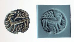 Stamp seal and modern impression. Horned animal and bird,6th–5th millennium B.C. Northern Syria or Southeastern Anatolia. Ubaid Period. Metropolitan Museum of Art.jpg