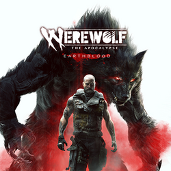 Artwork of Cahal in his humanoid and werewolf forms. The logo says "Werewolf: The Apocalypse" in a large font, with the initial "W" stylized as claw marks, and with "Earthblood" in a small font below.