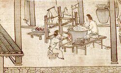 Soaking the cocoons and reeling the silk (Sericulture by Liang Kai, 1200s).jpg