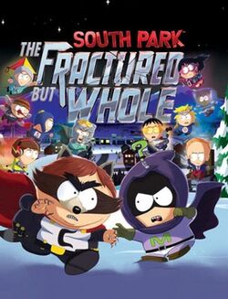 2D animated children in superhero costumes face each other preparing for battle against a snowy background. At the top of the image the title reads "South Park: The Fractured but Whole"