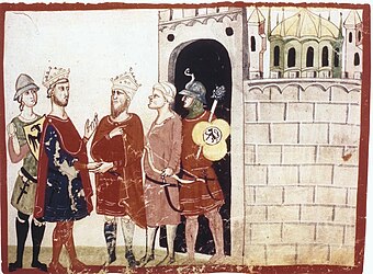Manuscript illumination of five men outside a fortress
