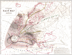 Hyetographic or Rain Map of Europe 1848 Alexander Keith Johnston.png