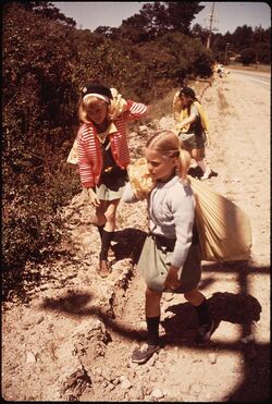 Photograph of Girl Scouts picking up discarded trash in 1970.