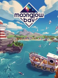 Art of a small fishing town with mountains in the background. The majority of the scene is water, with a boat with two people, one of whom has a fishing rod, and a dog on it; a lighthouse is visible on the left, and birds can be seen flying on the right. The game's logo, reading "moonglow bay" in stylized lowercase on top of a diamond, is visible near the top.