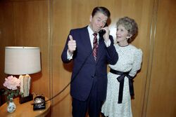 President Ronald Reagan and Nancy Reagan receive a concession telephone call from Walter Mondale.jpg