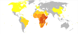 Schistosomiasis world map-Deaths per million persons-WHO2012.svg